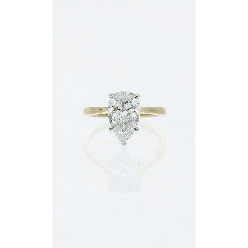 pear cut lab grown diamond ring 2.57ct E VVS2 in platinum and 18ct yellow gold with slim band
