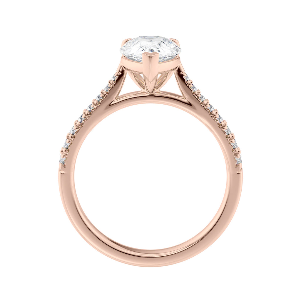 Pear cut lab grown diamond engagement ring with tapered diamond band rose gold side view.