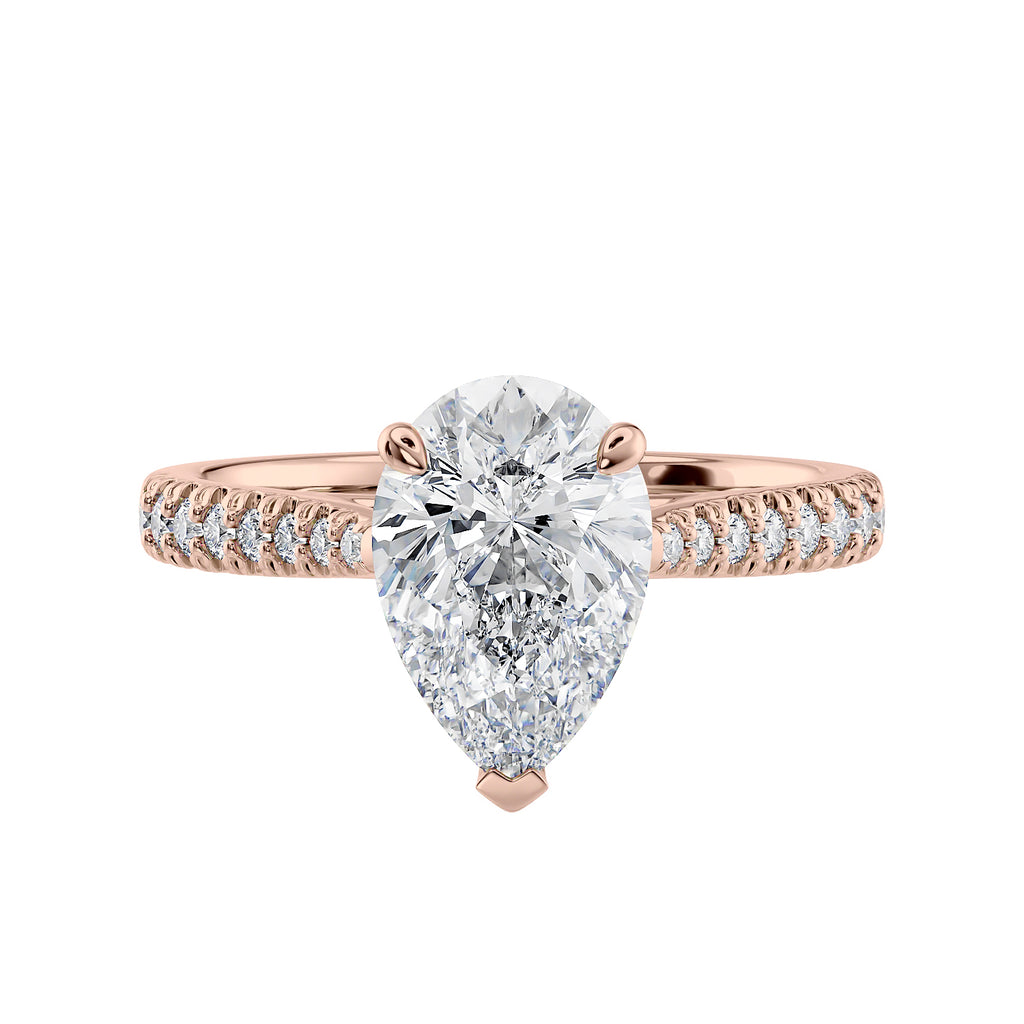 Pear cut lab grown diamond engagement ring with tapered diamond band rose gold front view.