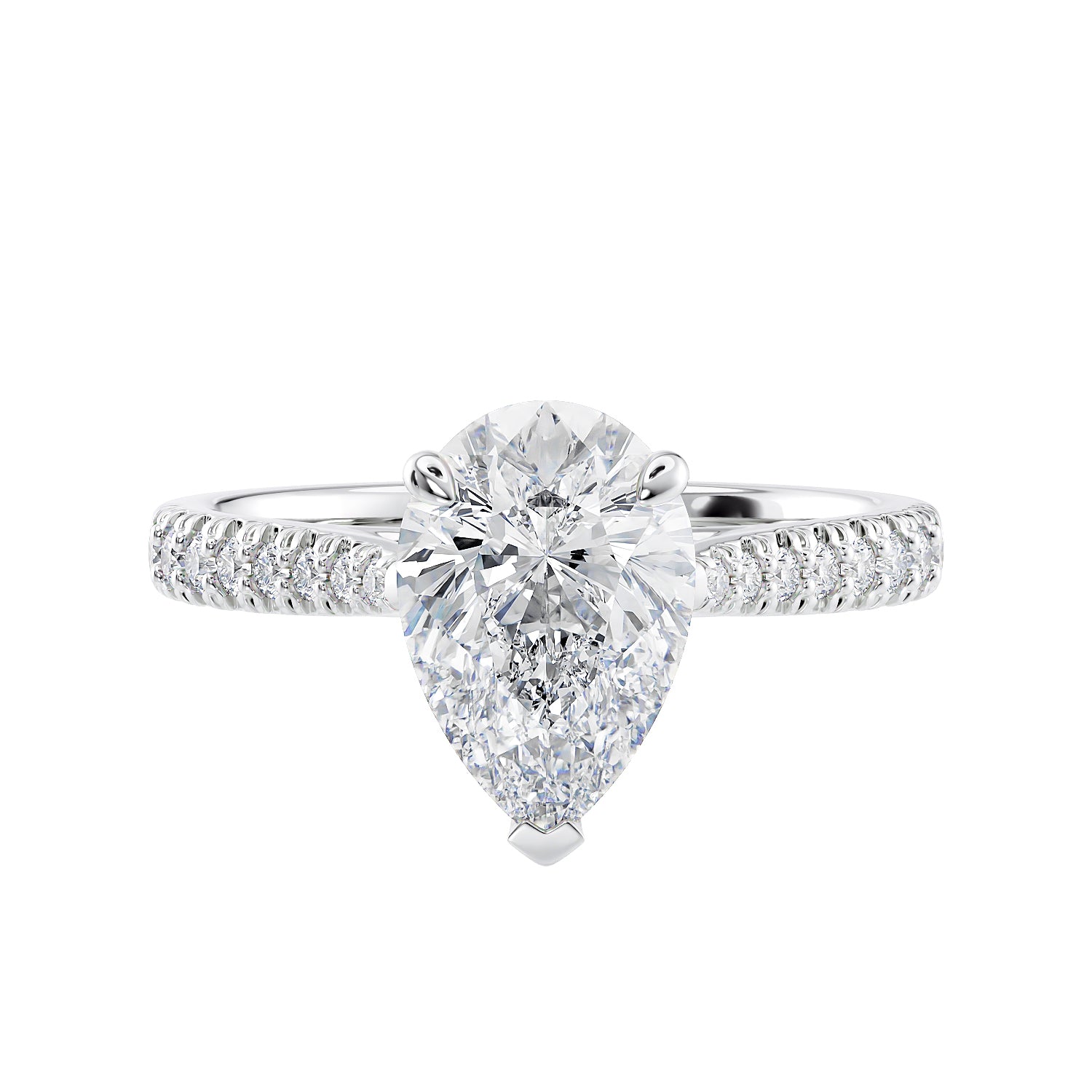 Pear cut lab grown diamond engagement ring with tapered diamond band white gold front view.