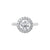Round shaped halo engagement ring on a white background.