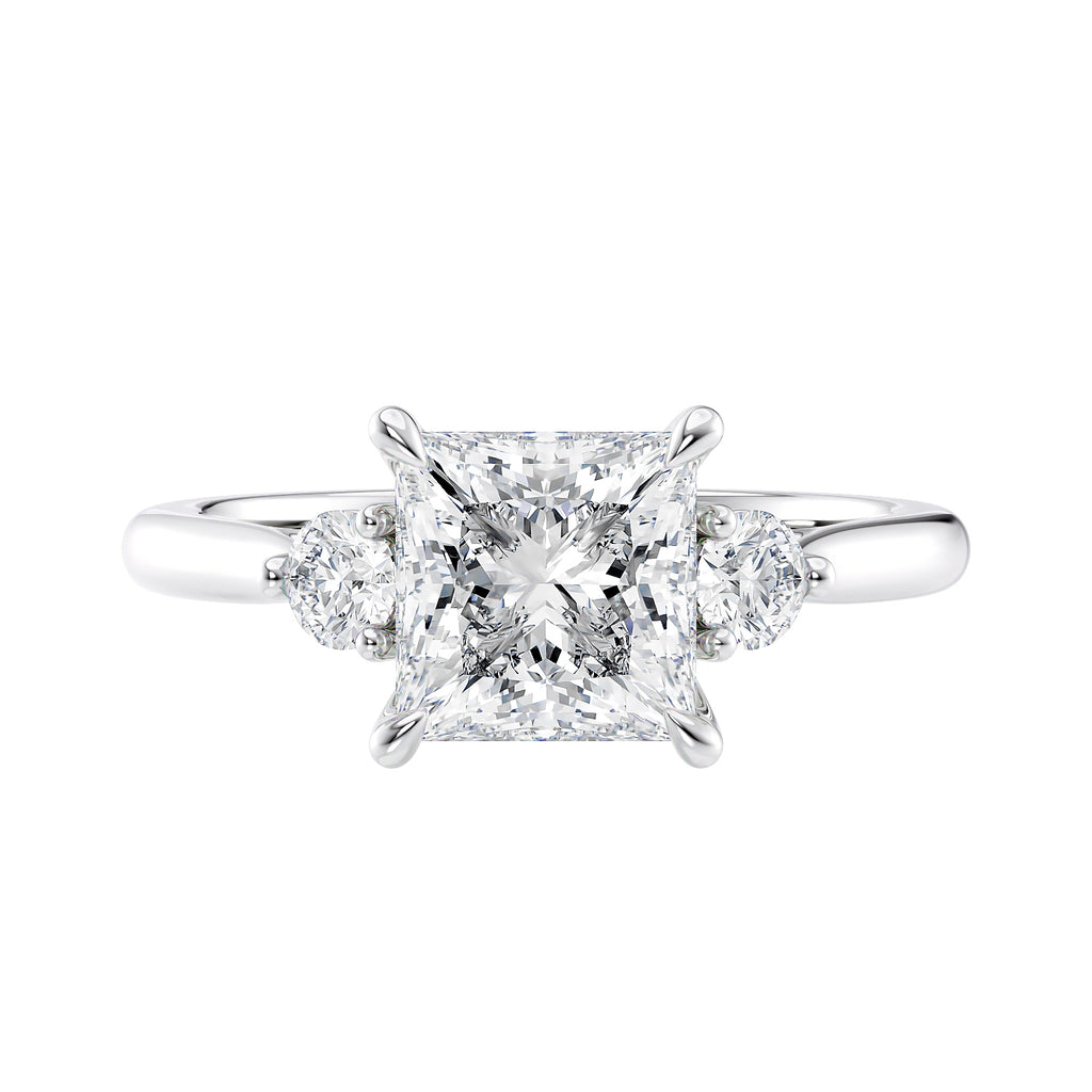 Lab grown square diamond 3 stone engagement ring in white gold setting front view.