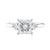 Lab grown square diamond 3 stone engagement ring in white gold setting front view.