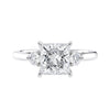 Lab grown square diamond 3 stone engagement ring in white gold setting front view.
