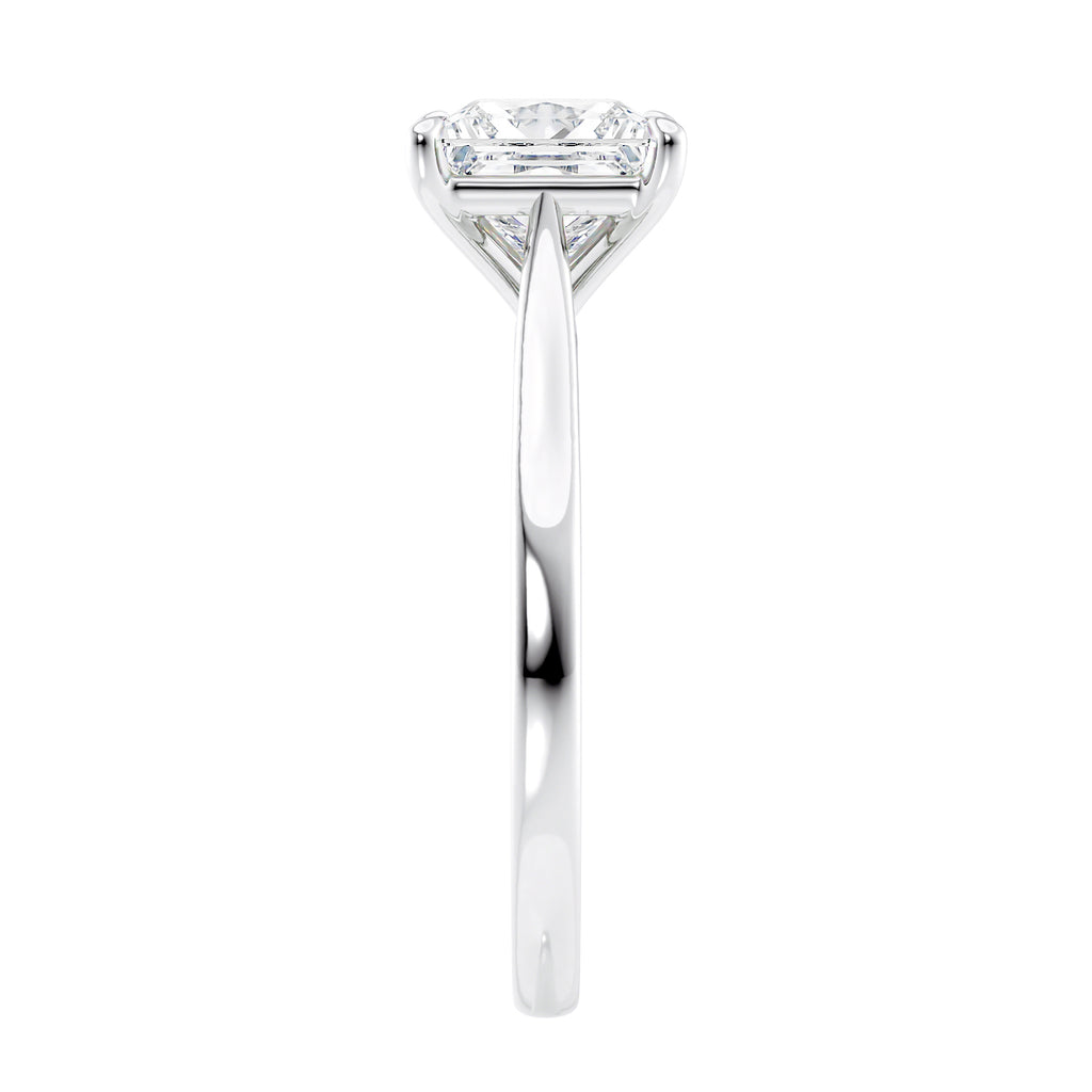 White gold princess cut solitaire diamond engagement ring end view.