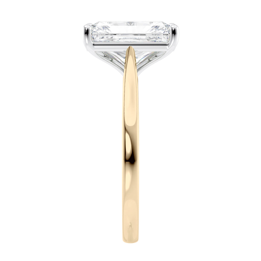 Radiant cut lab grown diamond solitaire engagement ring gold end view.