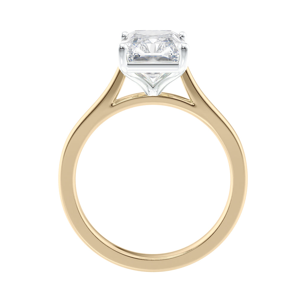 Radiant cut lab grown diamond solitaire engagement ring gold side view.