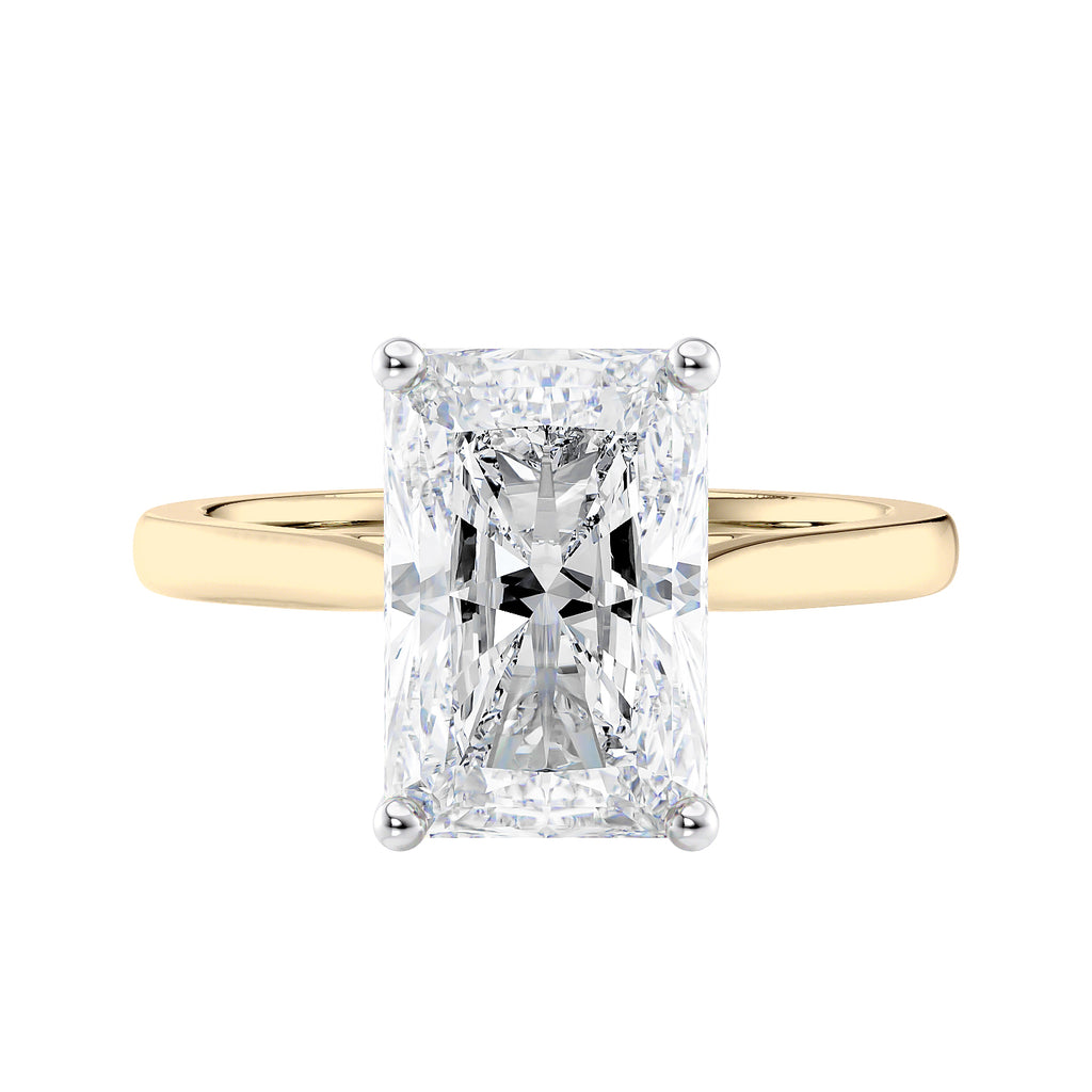 Radiant cut lab grown diamond solitaire engagement ring gold front view.