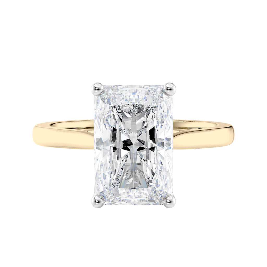 Radiant cut lab grown diamond solitaire engagement ring gold front view.