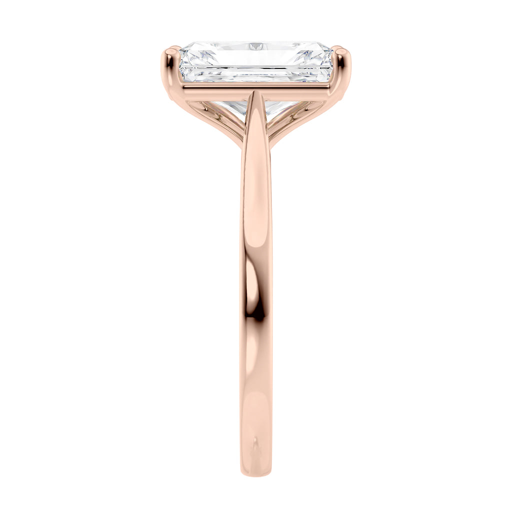 Radiant cut lab grown diamond solitaire engagement ring rose gold end view.