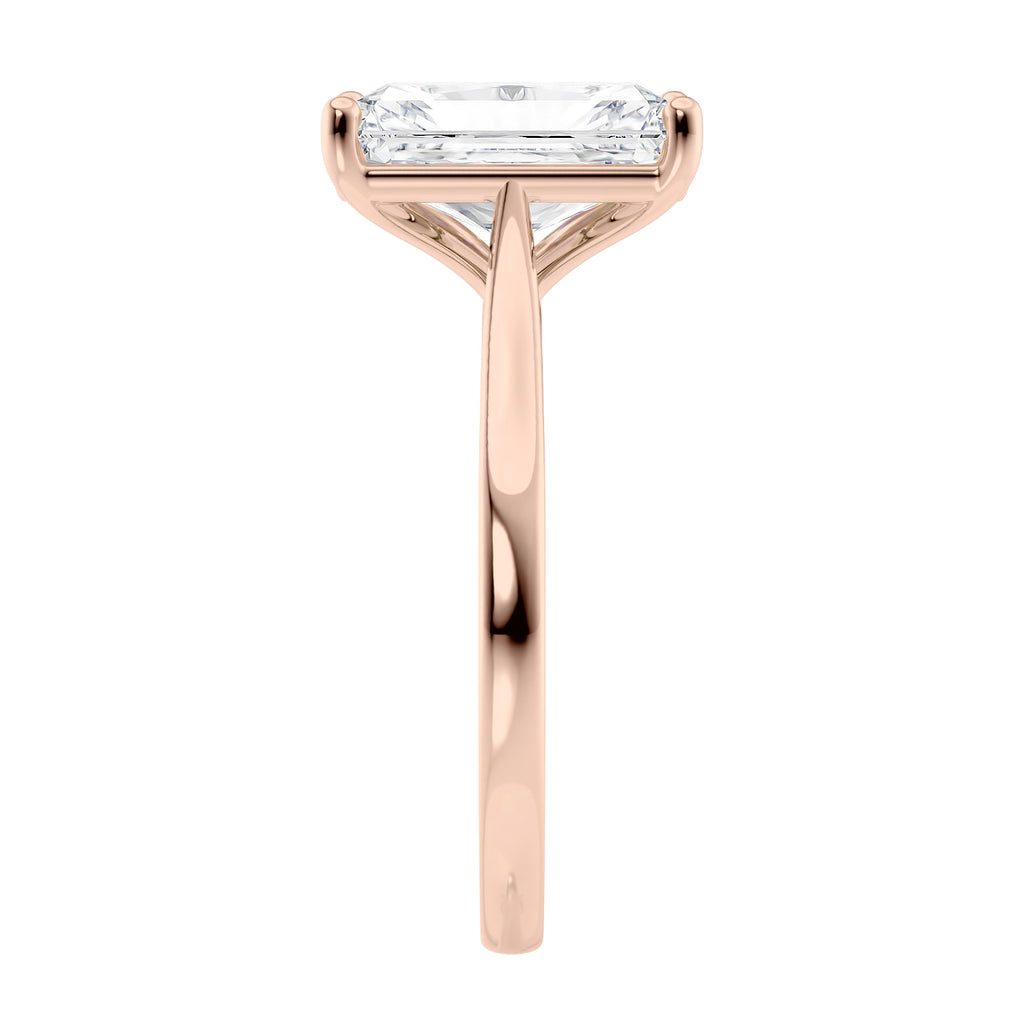 Radiant cut lab grown diamond solitaire engagement ring rose gold end view.