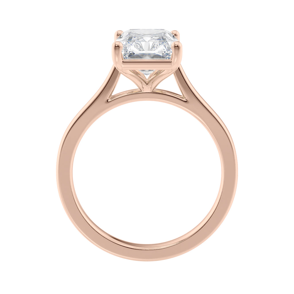 Radiant cut lab grown diamond solitaire engagement ring rose gold side view.