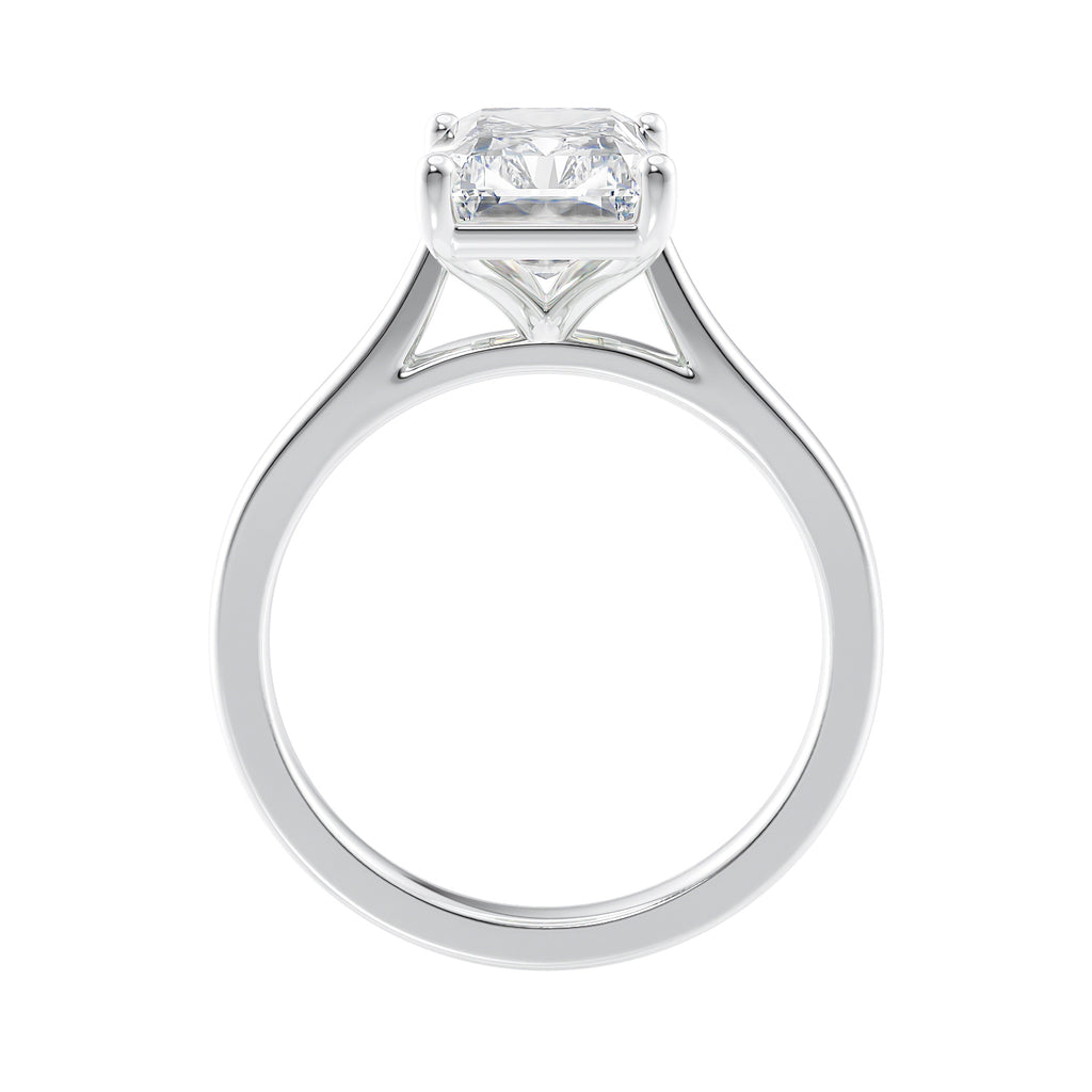 Radiant cut lab grown diamond solitaire engagement ring white gold side view.
