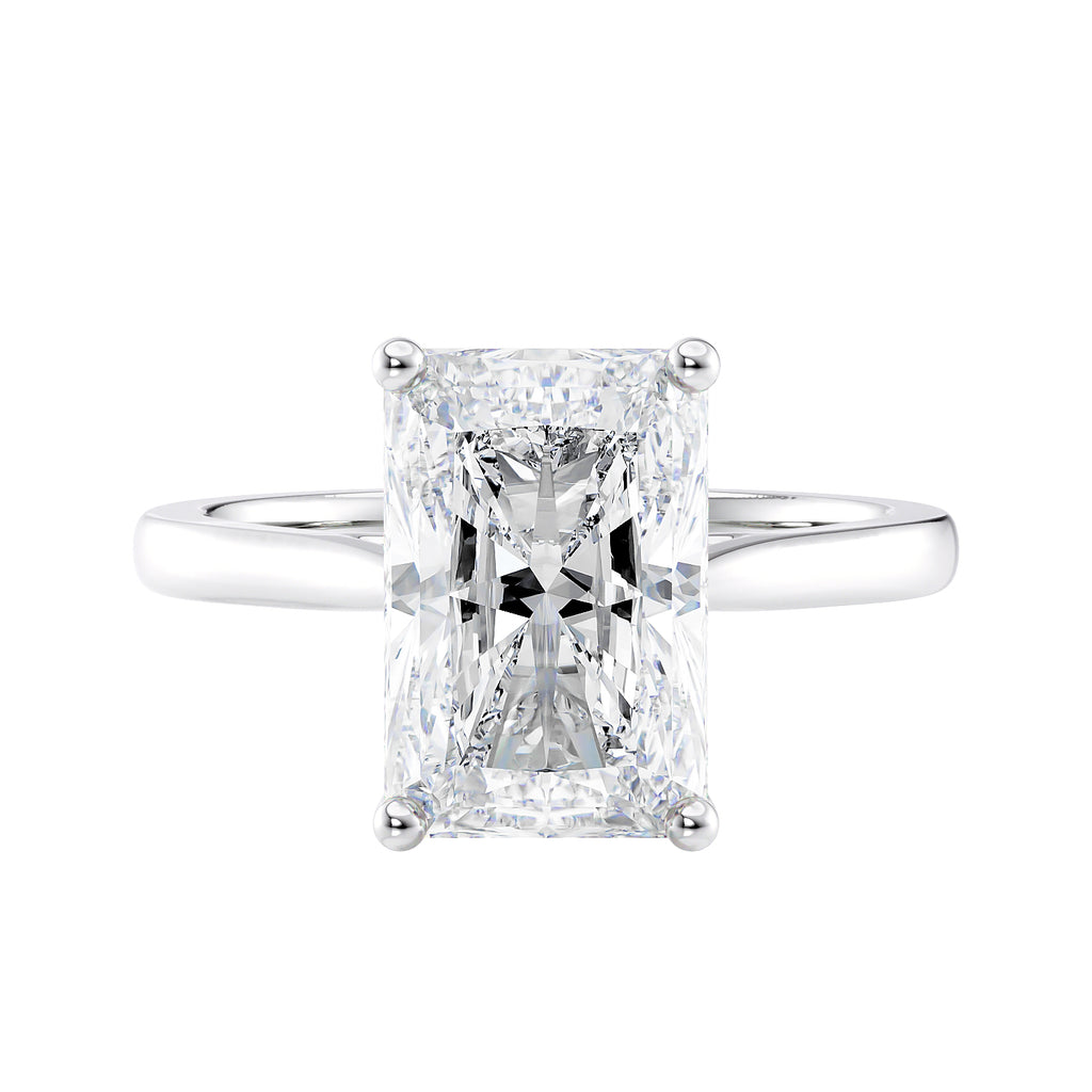 Radiant cut lab diamond solitaire engagement ring white gold front view.