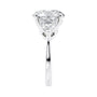 Round centre lab grown diamond 3 stone heart shape side stones white gold end view.