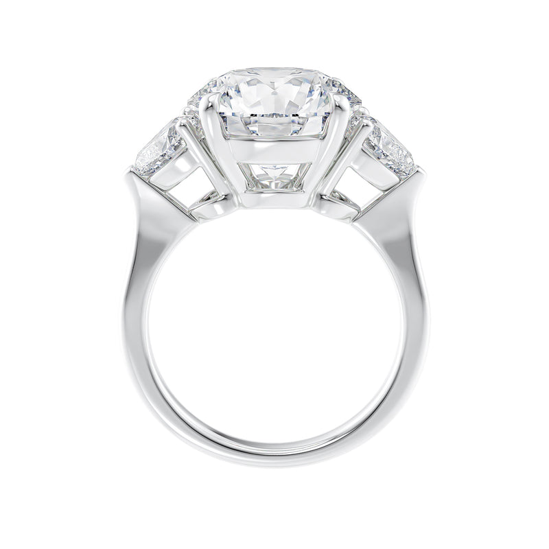 Round centre lab grown diamond 3 stone heart shape side stones white gold side view.
