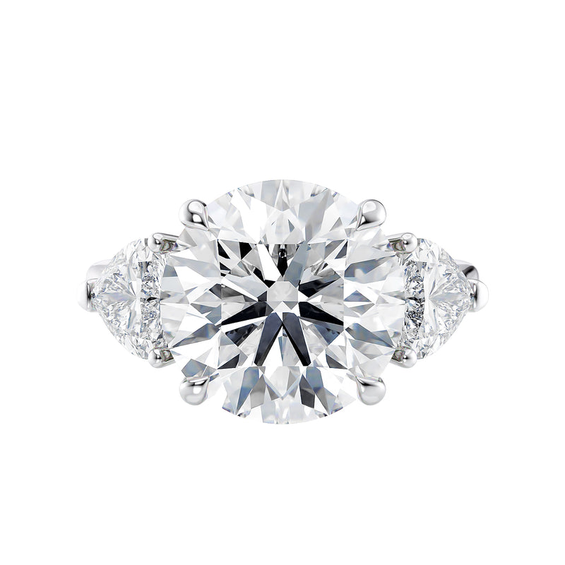 Round centre lab grown diamond 3 stone heart shape side stones white gold front view.