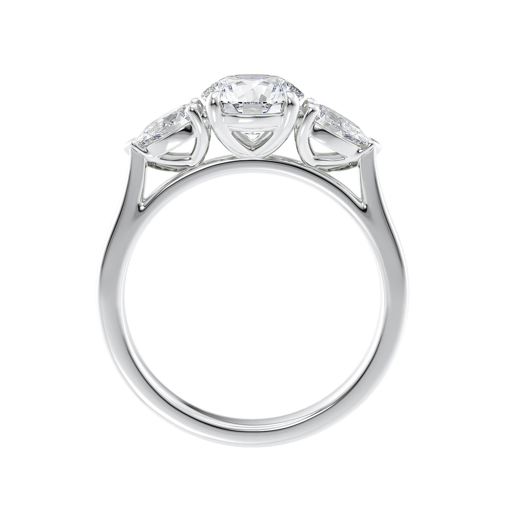 Round cut with pear sides trilogy lab grown diamond engagement ring white gold side view.