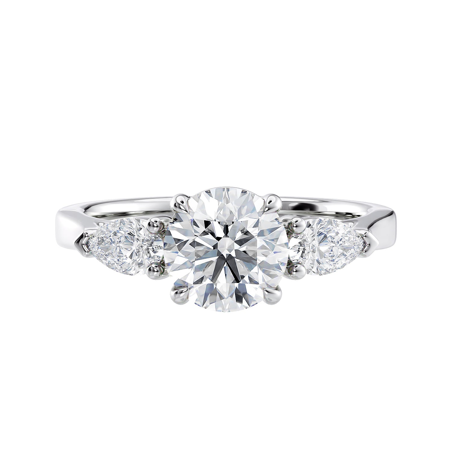 Round and pear three stone natural diamond engagement ring in white gold front view.