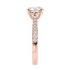 Round lab diamond rose gold tapered band engagement ring end view.