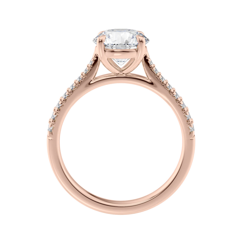 Round lab diamond rose gold tapered band engagement ring side view.