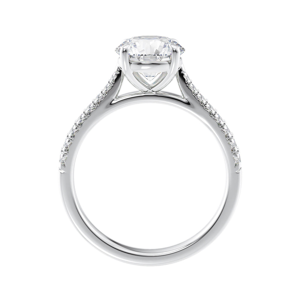 Lab diamond white gold tapered band engagement ring side view.