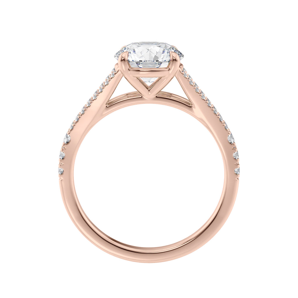 Laboratory grown diamond engagement ring with split diamond set band 18ct rose gold side view.