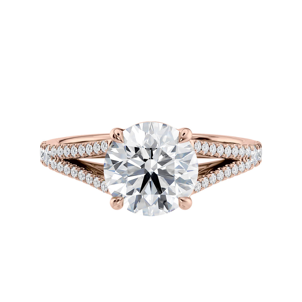 Laboratory grown diamond engagement ring with split diamond set band 18ct rose gold front view.