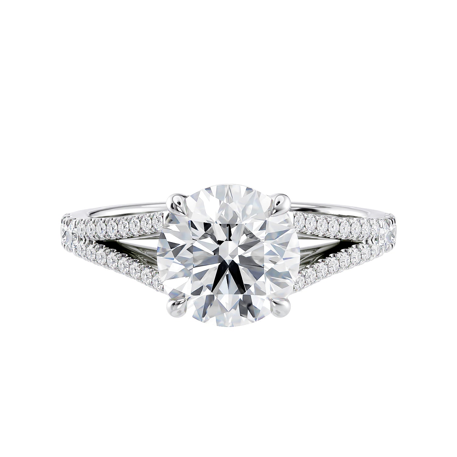 Laboratory grown diamond engagement ring with split diamond set band white gold front view.