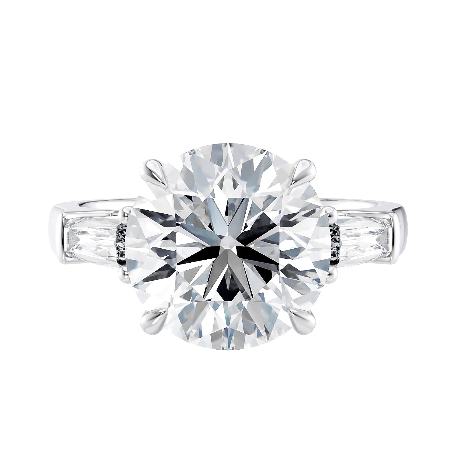 Round brilliant cut lab grown diamond engagement ring with tapered baguette side stones 18ct white gold front view.