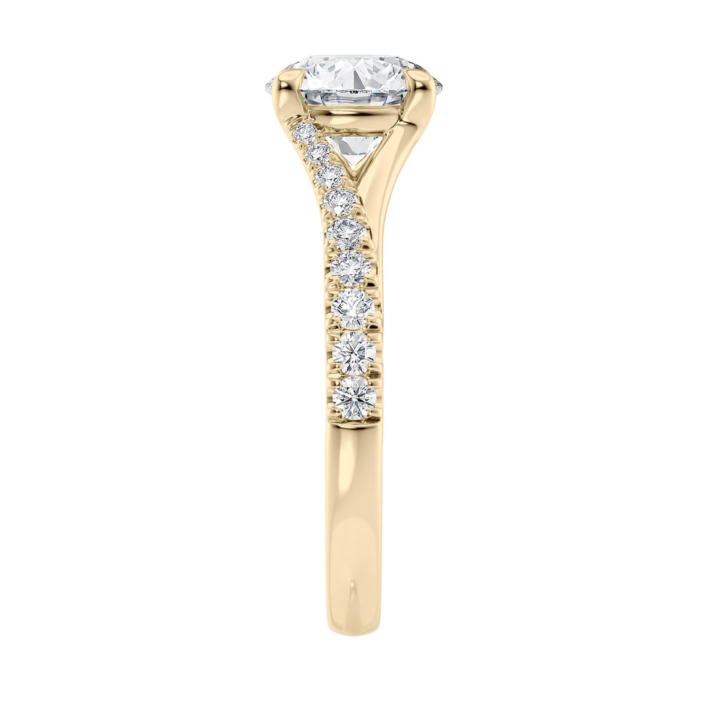 Brilliant cut diamond engagement ring with diamond set twist style band 18ct gold end view.