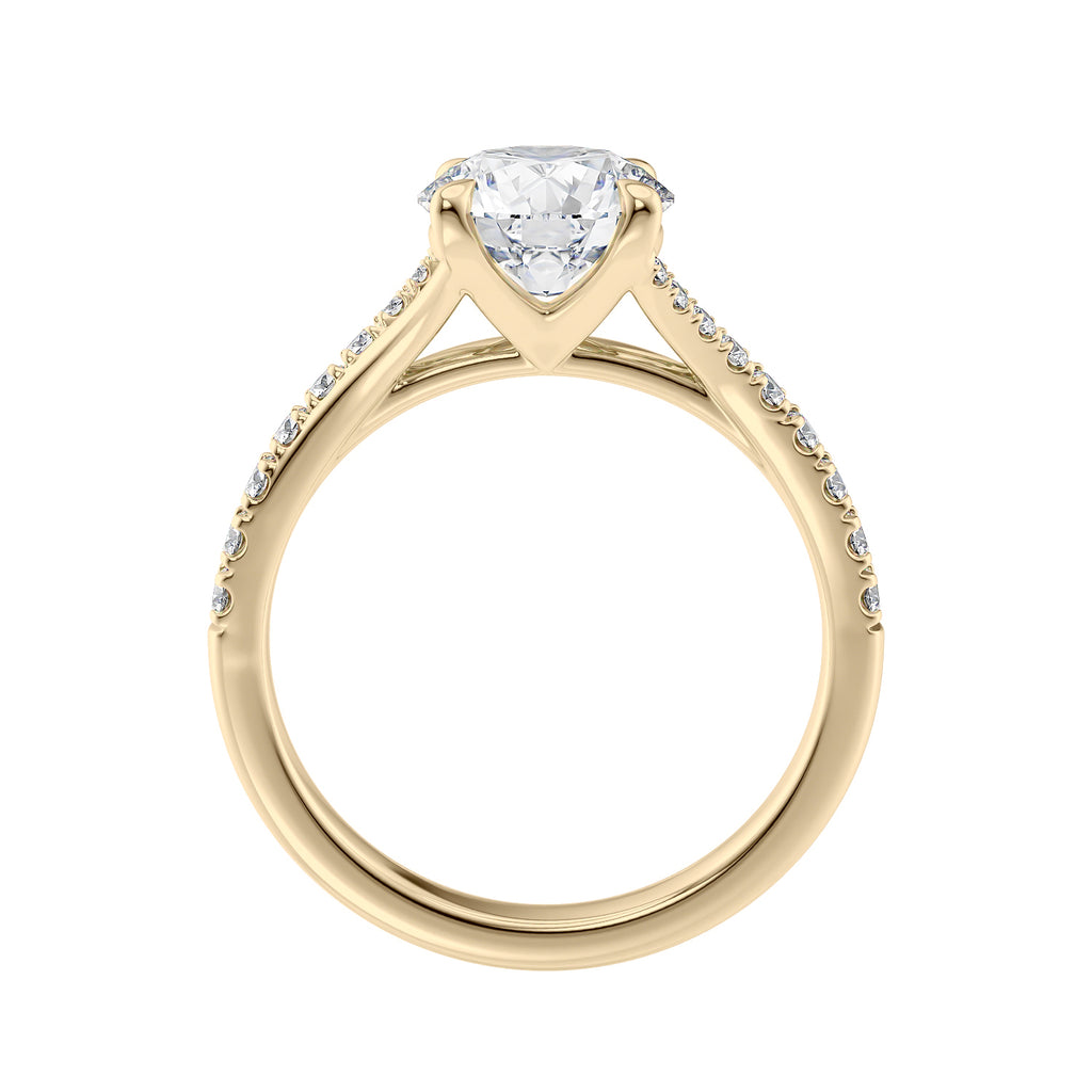Brilliant cut diamond engagement ring with diamond set twist style band 18ct gold side view.