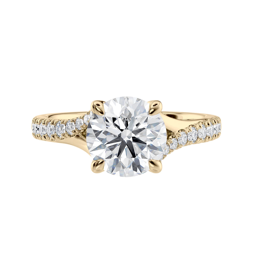 Brilliant cut diamond engagement ring with diamond set twist style band 18ct gold front view.
