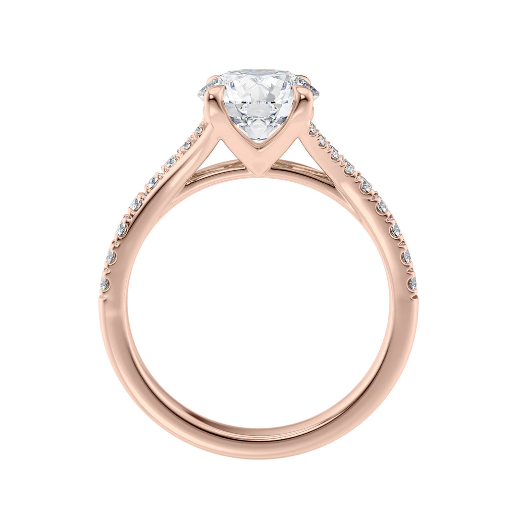 Brilliant cut diamond engagement ring with diamond set twist style band rose gold side view.