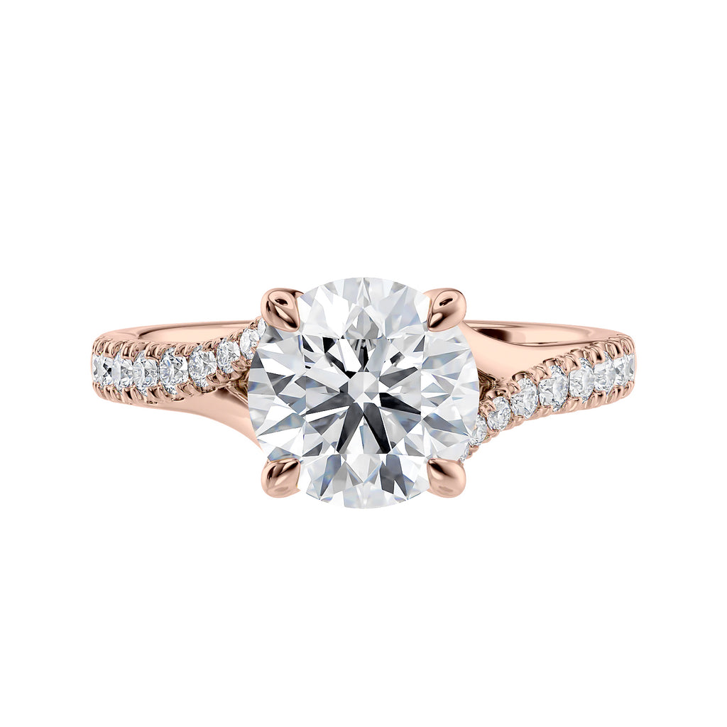 Brilliant cut diamond engagement ring with diamond set twist style band rose gold front view.