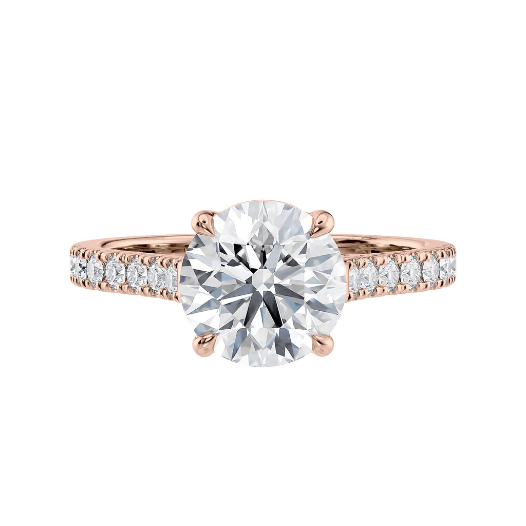1.50ct laboratory grown diamond solitaire engagement ring with diamond set band rose gold front view.