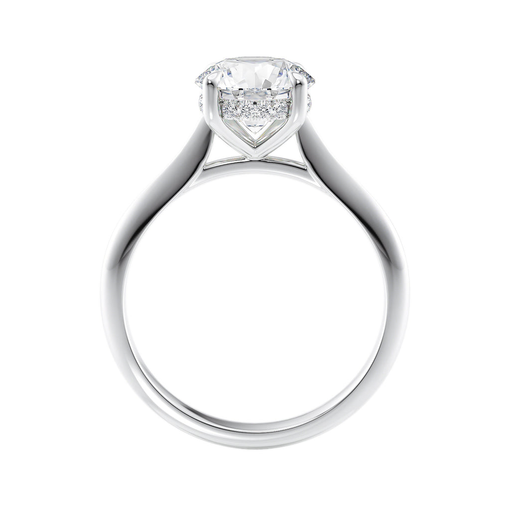 Two carat lab grown diamond solitaire with hidden halo white gold side view.