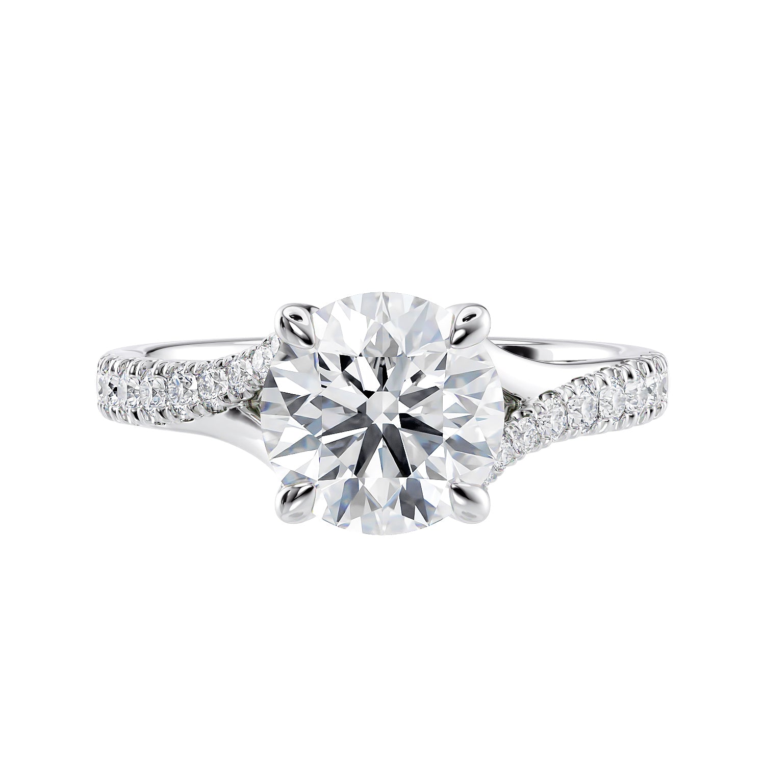 Round solitaire lab grown diamond engagement ring with half set split band white gold front view.