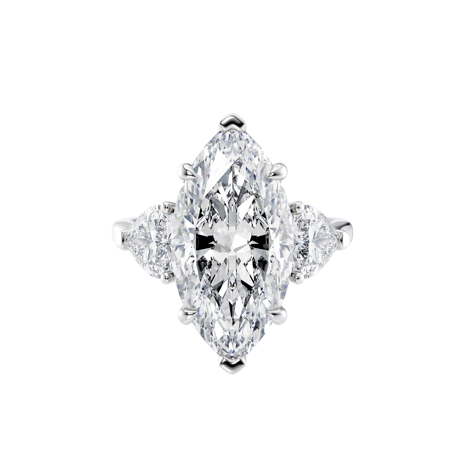 6 carat marquise diamond set ring with heart cut shoulder diamonds in platinum