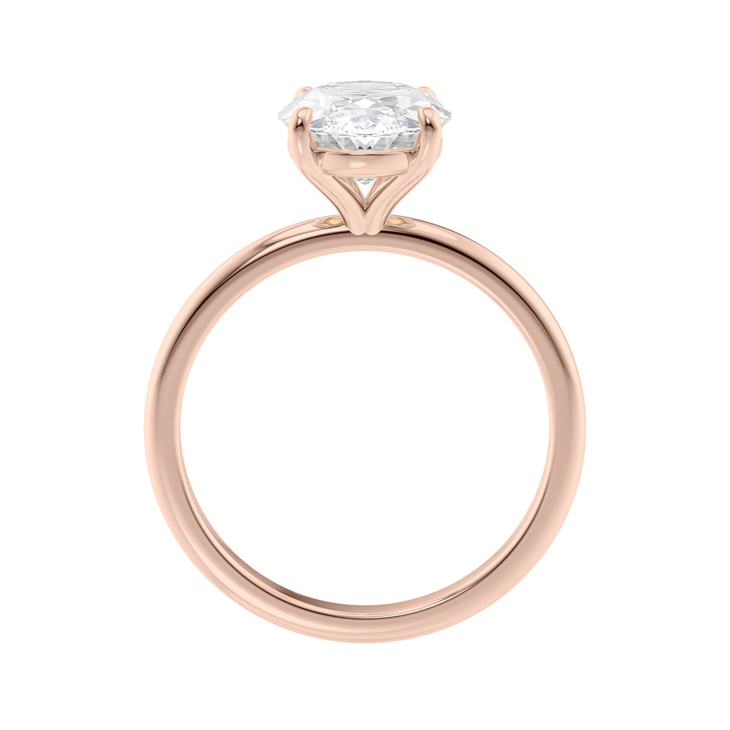 Laboratory grown oval diamond engagement ring rose gold slim band side view.