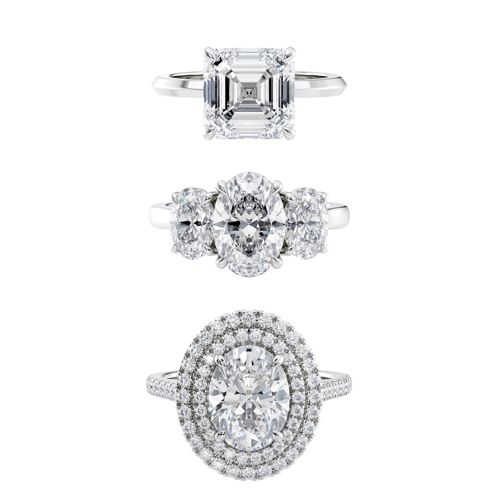 Three diamond rings with different designs. Solitaire engagement ring, three stone engagement ring and halo engagement ring on a white background.