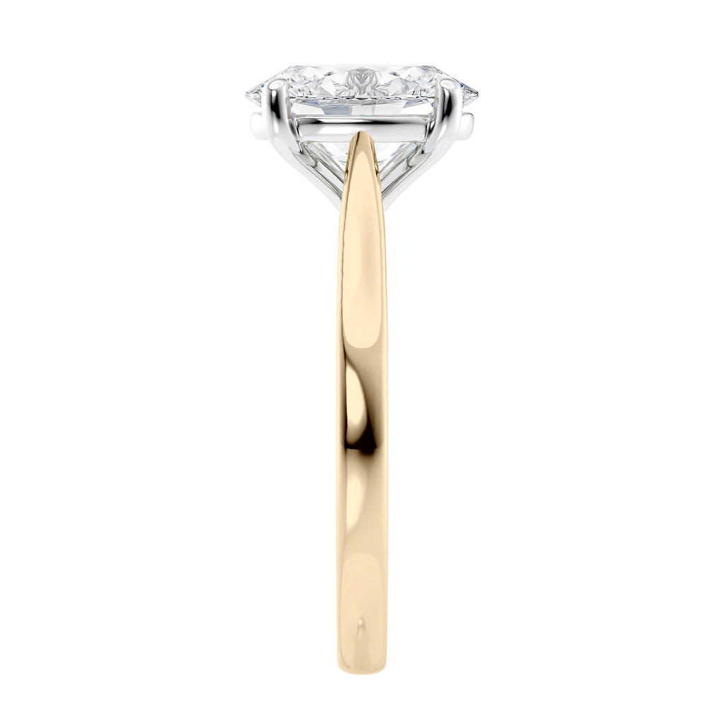 Oval diamond solitaire engagement ring 18 carat gold end view.