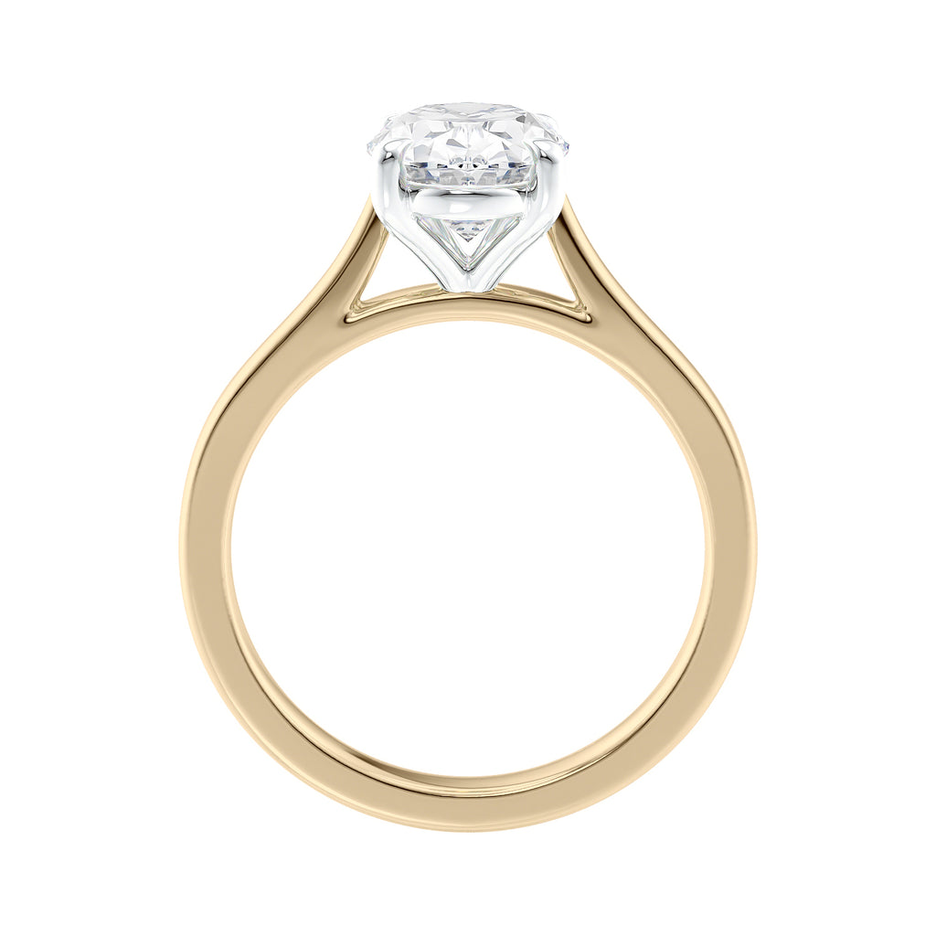 Oval diamond solitaire engagement ring 18 carat gold side view.