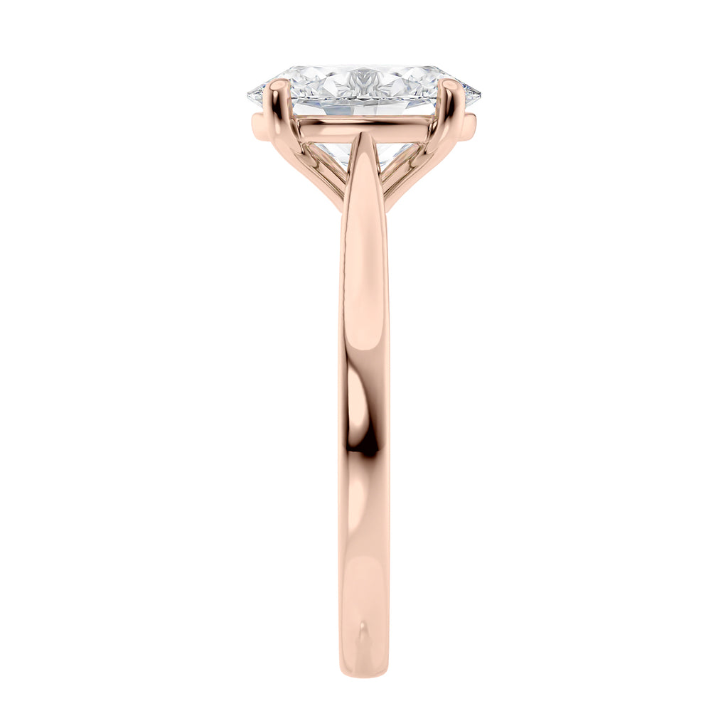 Oval diamond solitaire engagement ring 18 carat rose gold end view.