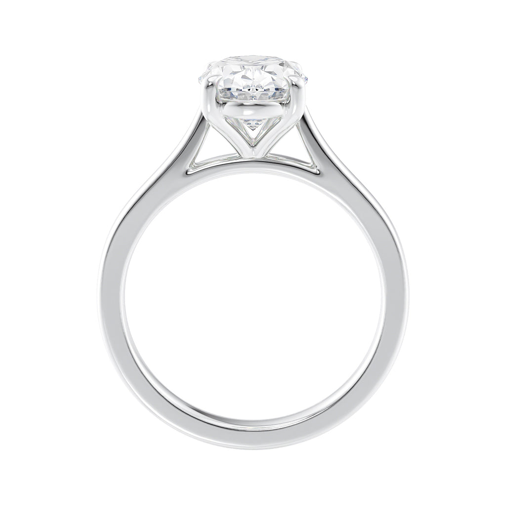 Oval diamond solitaire engagement ring 18 carat white gold side view.