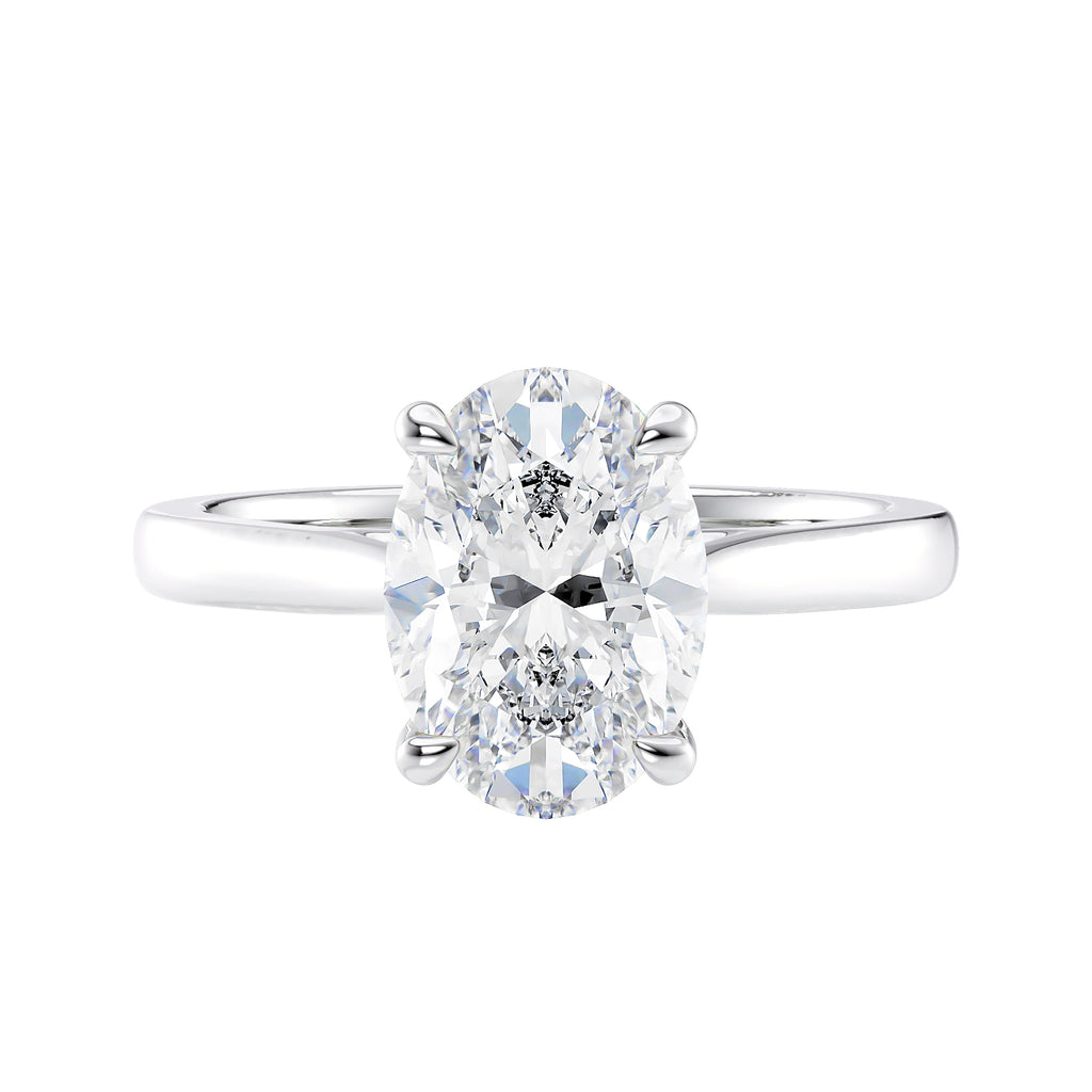 Oval diamond solitaire engagement ring 18 carat white gold front view.