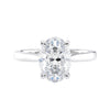 Oval diamond solitaire engagement ring 18 carat white gold front view.