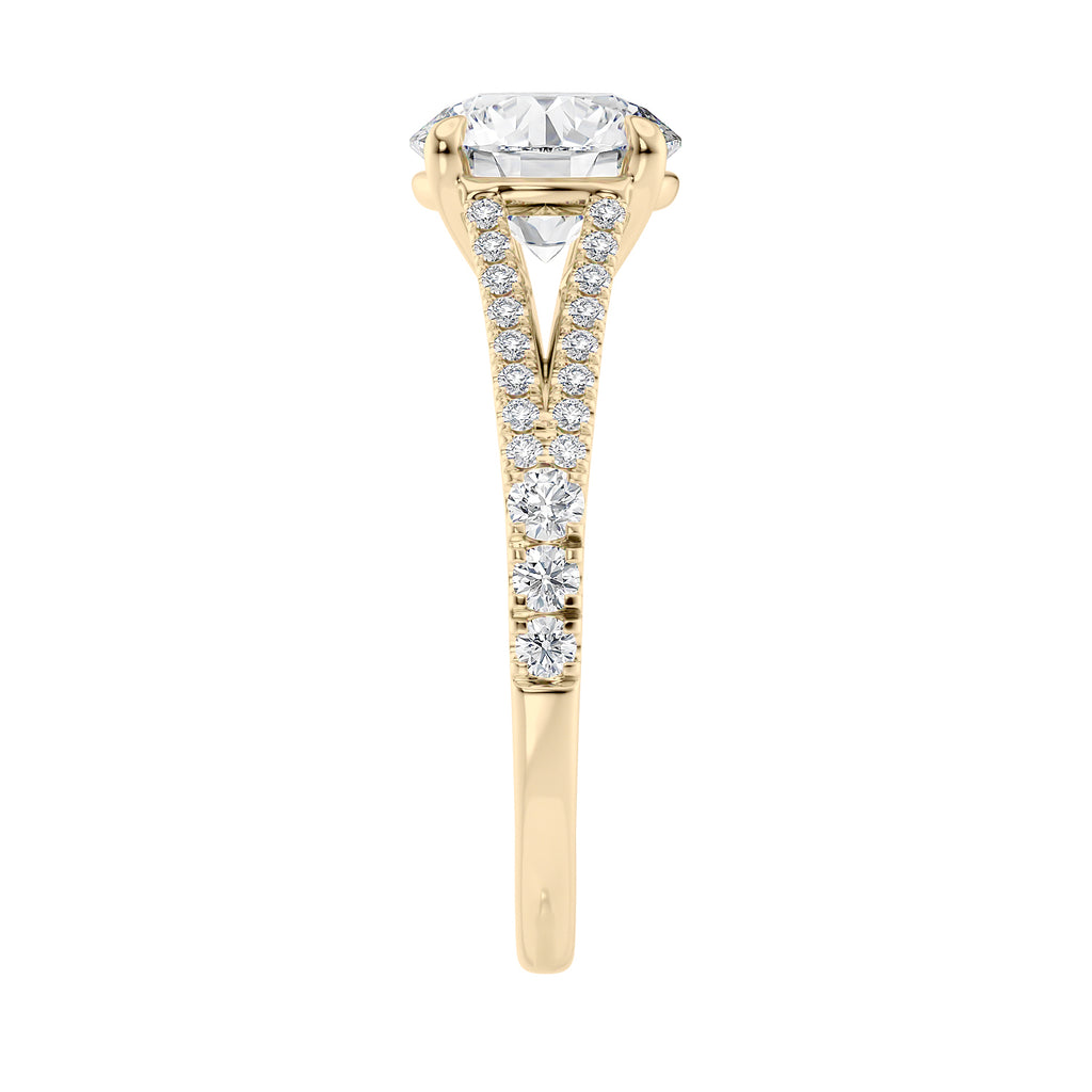 Round brilliant cut diamond engagement ring with diamond set split band 18ct gold end view.