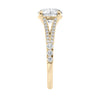 Round brilliant cut diamond engagement ring with diamond set split band 18ct gold end view.