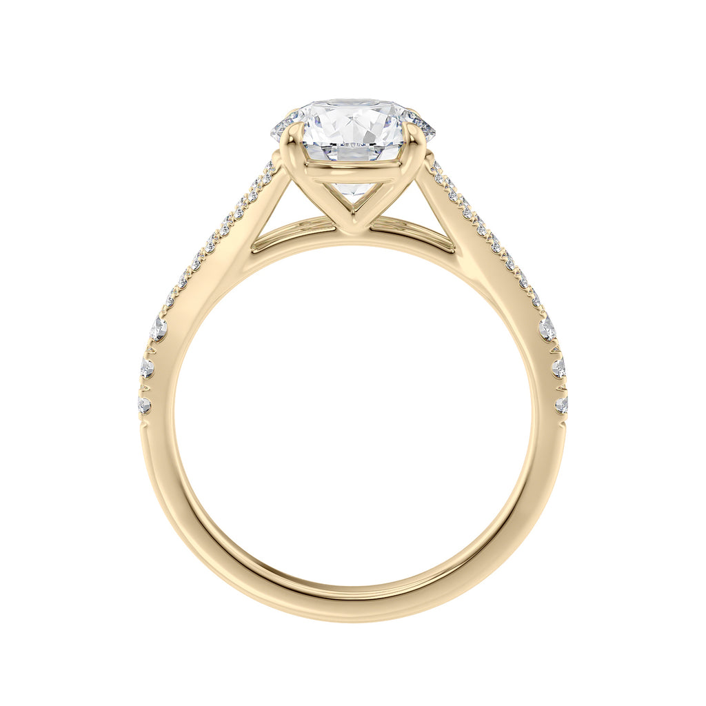Round brilliant cut diamond engagement ring with diamond set split band 18ct gold side view.